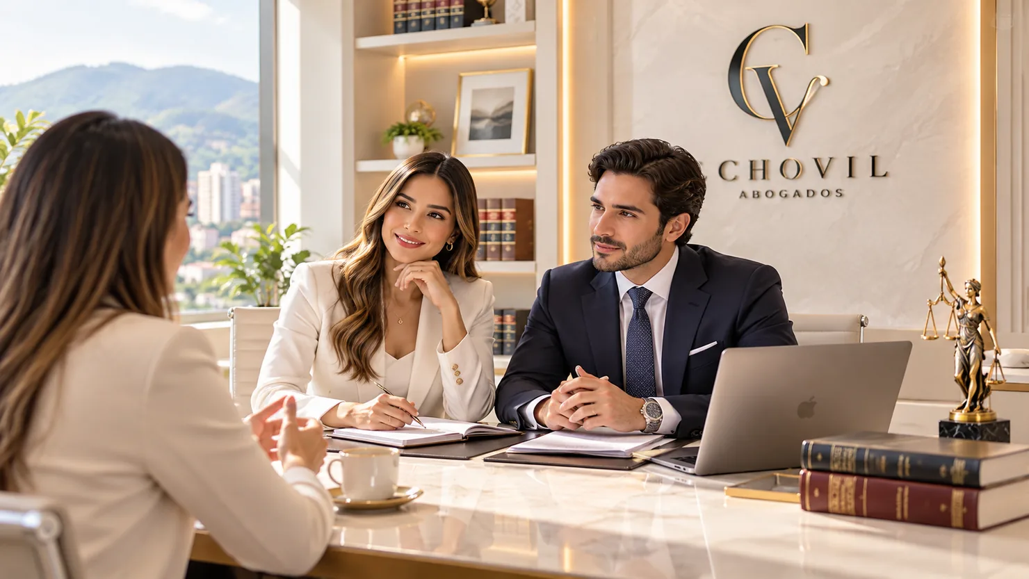 Escena ilustrativa de una asesoría entre abogados y una clienta