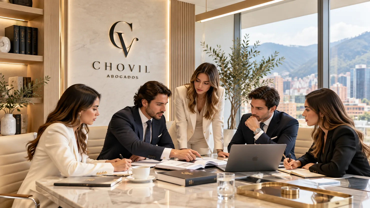 Escena ilustrativa de un equipo jurídico reunido en sala de juntas